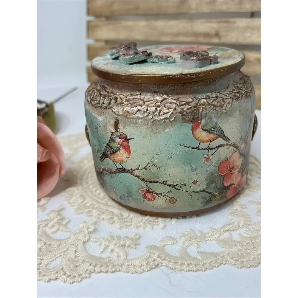 Vintage-Style Decorative Bird Floral Jewelry Jar - Mint & Pink